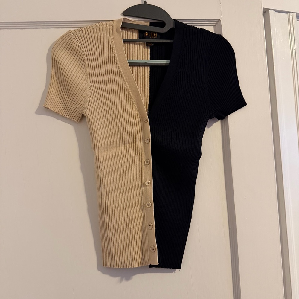 Two-Tone Ribbed Button Front Top — Beige & Black